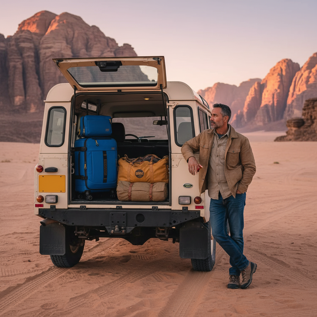 SUV trunk loaded at desert dawn
