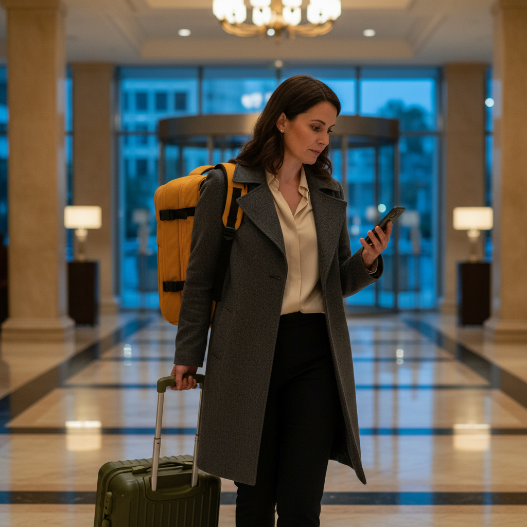 Solo executive in hotel lobby